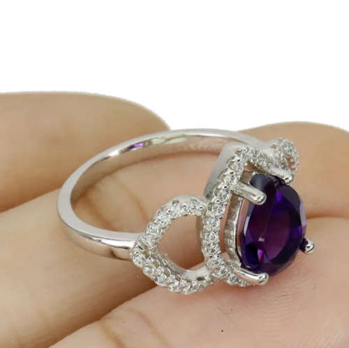 Natural Unheated Purple Amethyst, White Cz in Solid .925 Silver 14K White Gold Ring 7 / O