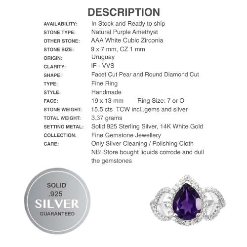 Natural Unheated Purple Amethyst, White Cz in Solid .925 Silver 14K White Gold Ring 7 / O