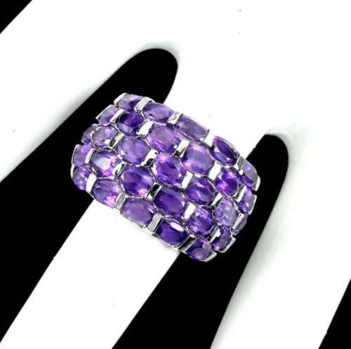 28 Natural Unheated Purple Amethyst Gemstone Solid .925 Silver 14K White Gold Ring 7.5 or P