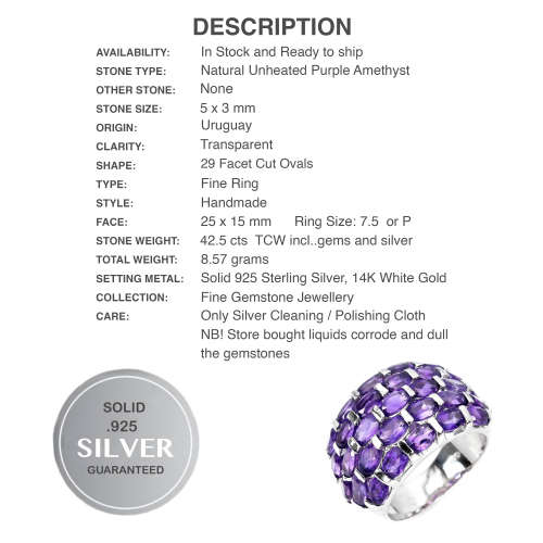 28 Natural Unheated Purple Amethyst Gemstone Solid .925 Silver 14K White Gold Ring 7.5 or P