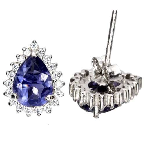 Natural Unheated Iolite and White CZ Gemstone Solid .925 Silver & White Gold Stud Earrings