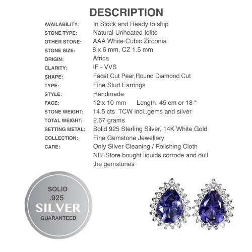 Natural Unheated Iolite and White CZ Gemstone Solid .925 Silver & White Gold Stud Earrings