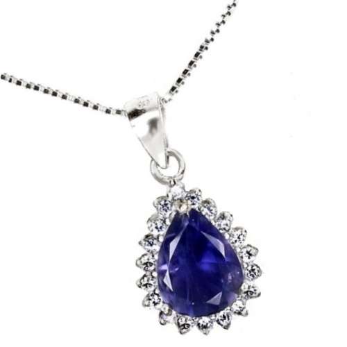 Natural Unheated Iolite AAA White Cubic Zirconia in Solid .925 Silver 14K W/Gold Necklace