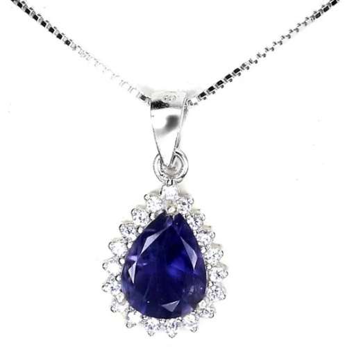 Natural Unheated Iolite AAA White Cubic Zirconia in Solid .925 Silver 14K W/Gold Necklace