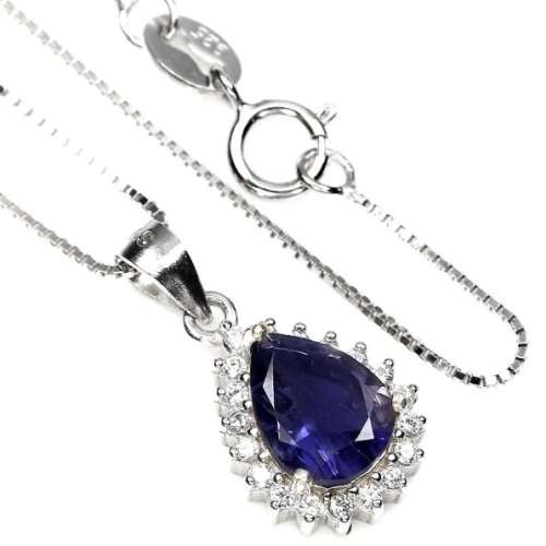 Natural Unheated Iolite AAA White Cubic Zirconia in Solid .925 Silver 14K W/Gold Necklace
