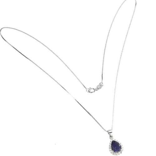 Natural Unheated Iolite AAA White Cubic Zirconia in Solid .925 Silver 14K W/Gold Necklace