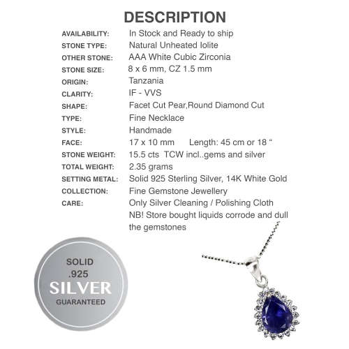 Natural Unheated Iolite AAA White Cubic Zirconia in Solid .925 Silver 14K W/Gold Necklace