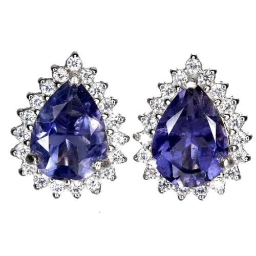 Natural Unheated Iolite AAA White Cubic Zirconia in Solid .925 Silver 14K W/Gold Necklace