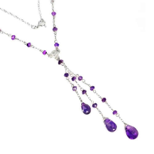 Handmade Authentic Purple Amethyst Briolette Gemstones in Solid .925 Silver 14K White Gold Necklace