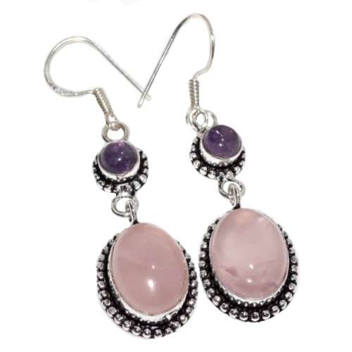 Natural Pink Rose Quartz and Purple Amethyst  .925 Sterling Silver Plated Earrings
