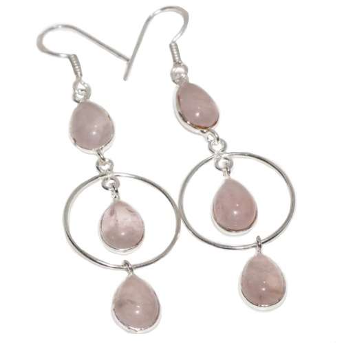 Natural Pink Rose Quartz  set in .925 Sterling Silver Plated Long Drop Dangle Earrings
