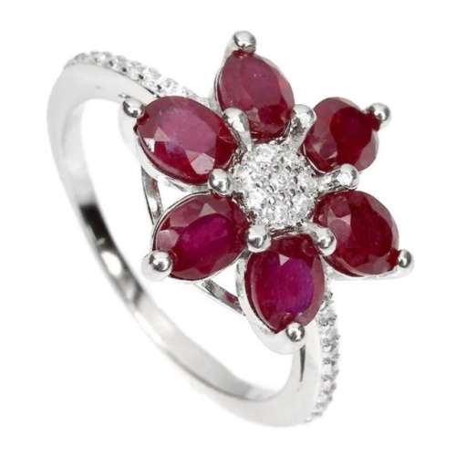 Deluxe Natural Ruby and White Cubic Zirconia Floral set in Solid .925 Sterling Silver Ring Size US 7