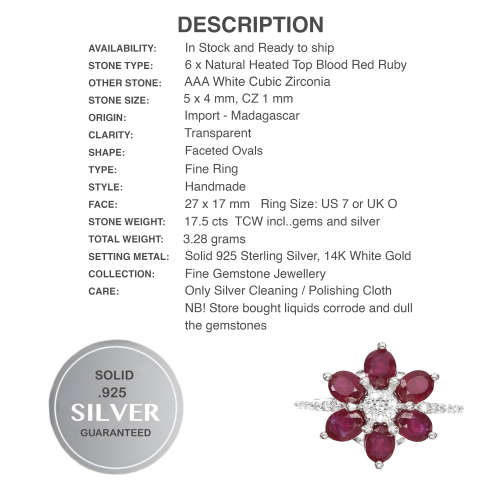 Deluxe Natural Ruby and White Cubic Zirconia Floral set in Solid .925 Sterling Silver Ring Size US 7