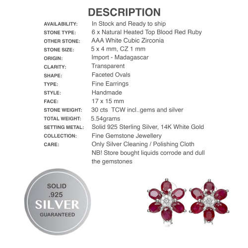 Deluxe Natural  Blood Red Ruby and White CZ Gemstone Set in Solid .925 Sterling Silver Earrings