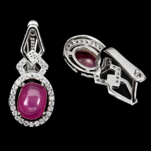 Deluxe Natural Red Pink Ruby and White CZ Gemstone Set in Solid .925 Sterling Silver Earrings