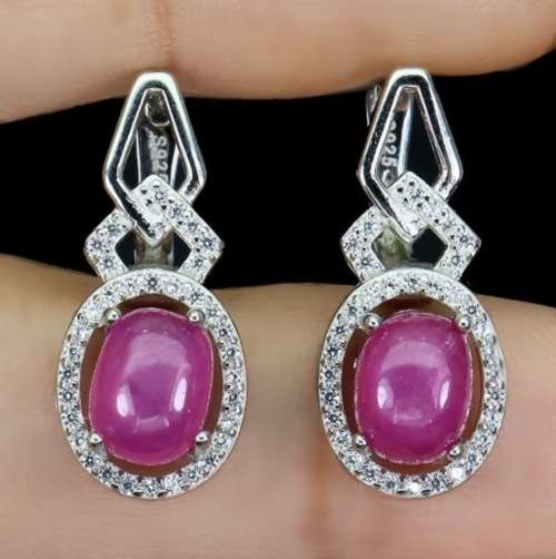 Deluxe Natural Red Pink Ruby and White CZ Gemstone Set in Solid .925 Sterling Silver Earrings