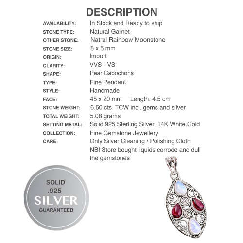 Indonesian - Bali Natural Garnet and Rainbow Moonstone Solid .925 Sterling Silver Pendant