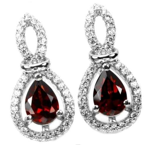 Natural Deep Red Garnet AAA White CZ Gemstone in Solid .925 Sterling Silver 14K W/Gold Earrings