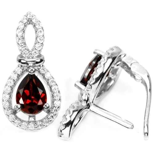 Natural Deep Red Garnet AAA White CZ Gemstone in Solid .925 Sterling Silver 14K W/Gold Earrings