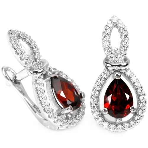 Natural Deep Red Garnet AAA White CZ Gemstone in Solid .925 Sterling Silver 14K W/Gold Earrings