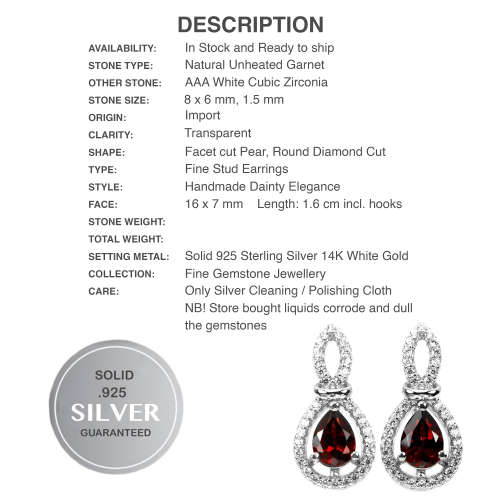 Natural Deep Red Garnet AAA White CZ Gemstone in Solid .925 Sterling Silver 14K W/Gold Earrings