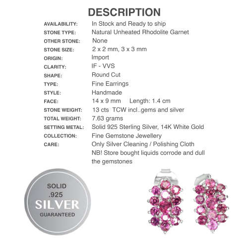 26 Natural Unheated Rhodolite Garnets in Solid .925 Sterling Silver 14K White Gold Stud Earrings