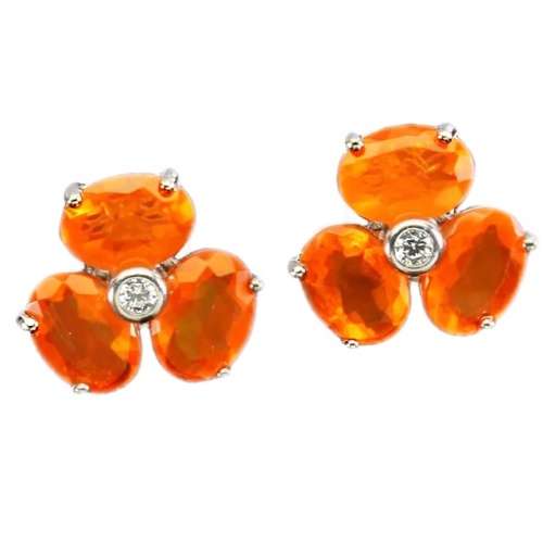 Rare Ethiopian Top Rich Orange Opal & White Cubic Zirconia Solid .925 Sterling Silver Stud Earrings