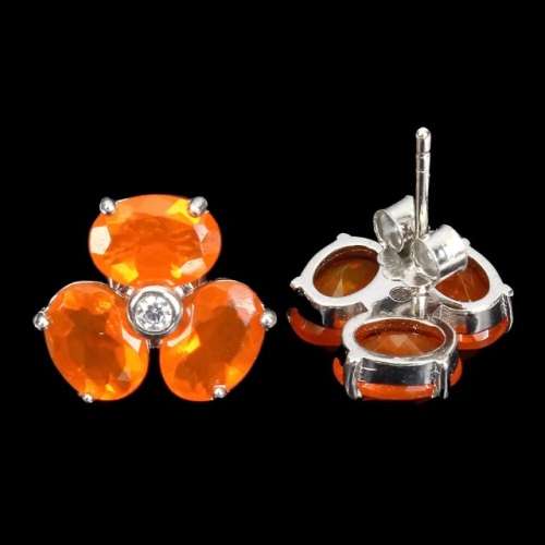 Rare Ethiopian Top Rich Orange Opal & White Cubic Zirconia Solid .925 Sterling Silver Stud Earrings