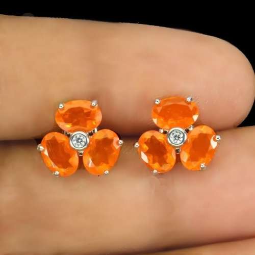 Rare Ethiopian Top Rich Orange Opal & White Cubic Zirconia Solid .925 Sterling Silver Stud Earrings