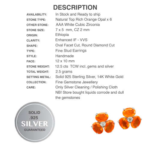 Rare Ethiopian Top Rich Orange Opal & White Cubic Zirconia Solid .925 Sterling Silver Stud Earrings