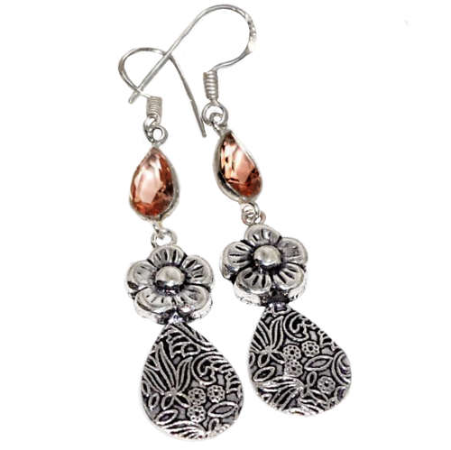 Handmade Faceted Morganite Pear Gemstone  set in .925 Sterling Silver Plated Floral Earrings