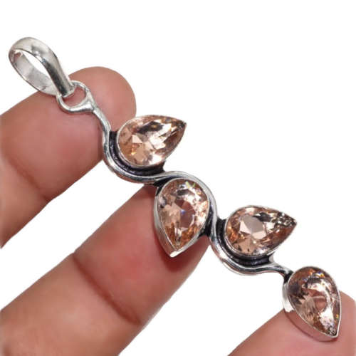 Handmade Modern Set Faceted Morganite Pears .925 Sterling Silver Plated Pendant