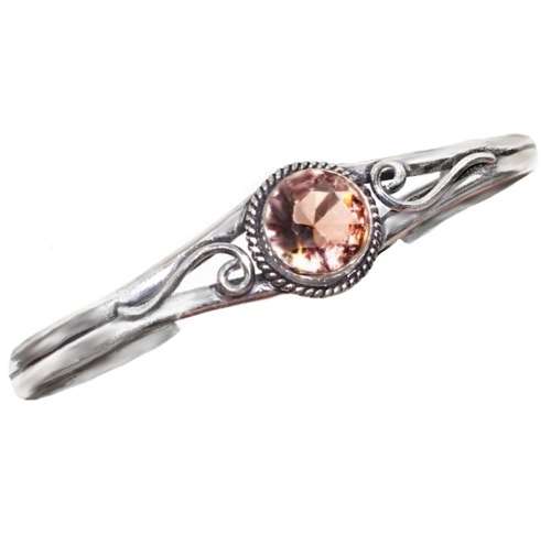 Handmade Round Faceted Morganite Gemstone Set in .925 Sterling Silver Plated Adjustable Bangle