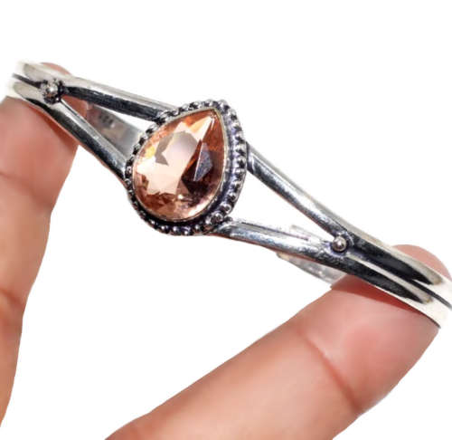 Pear Shape Faceted Morganite Gemstone Set in .925 Sterling Silver Plated  Handmade Adjustable Bangle
