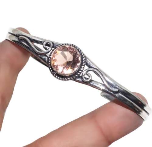Handmade Round Faceted Morganite Gemstone Set in .925 Sterling Silver Plated Adjustable Bangle