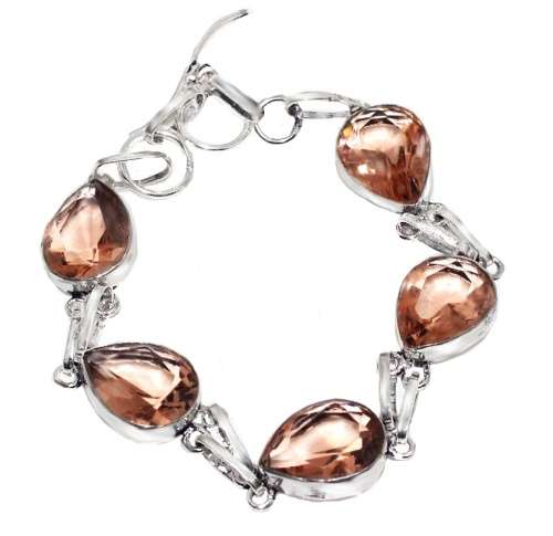 Faceted Morganite Pears Gemstone Set in .925 Sterling Silver Plated Bracelet