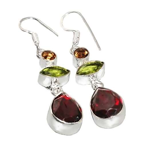 Exotic Garnet, Peridot, Citrine Gemstone .925 Silver Fashion Earrings