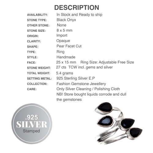 Handmade Black Onyx Gemstone .925 Silver Ring Free Size Adjustable