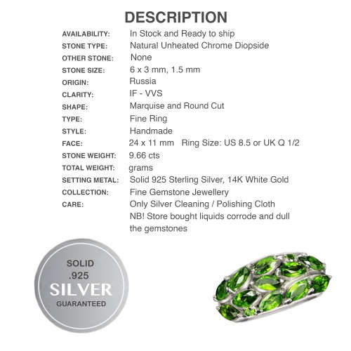 Natural Chrome Diopside Mixed Shape Gemstones Solid .925 Sterling Silver  14K White Gold Sz 8.5 or Q