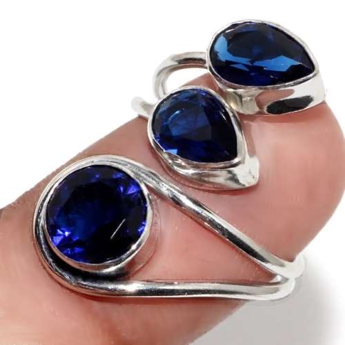 Mixed Shapes Sapphire Quartz in .925 Sterling Silver Plated Handmade Ring Size US 7.5  Adjustable