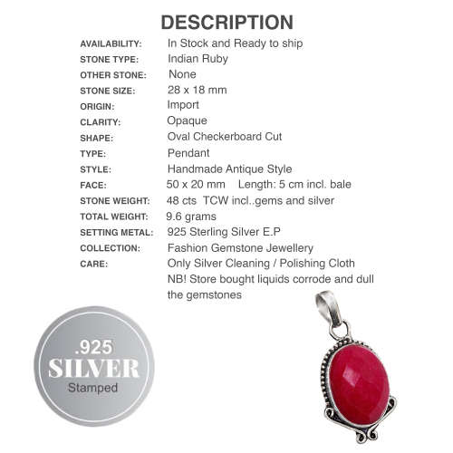 Antique Style Indian Ruby set in .925 Sterling Silver Plated Handmade Pendant