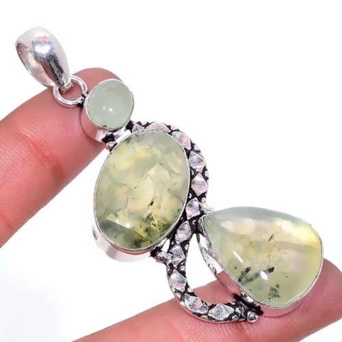 Natural Scottish Moss Prehnite Mixed Shape Gemstones .925 Sterling Silver Plated Pendant