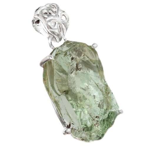 Natural Green Amethyst Rough Gemstone Solid .925 Silver Pendant and Free Chain
