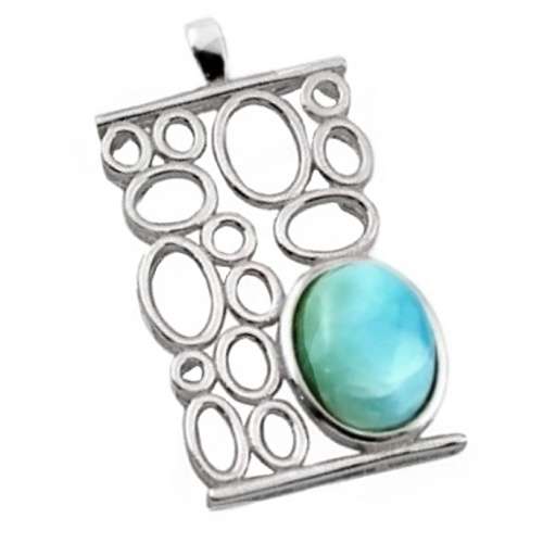 Natural Caribbean Larimar Oval Gemstone set in Solid .925 Sterling Silver Moderdern Stylish Pendant