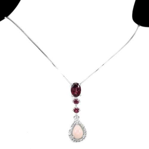Natural Unheated Pink Opal and Rhodolite Garnet Solid .925 Sterling Silver Necklace