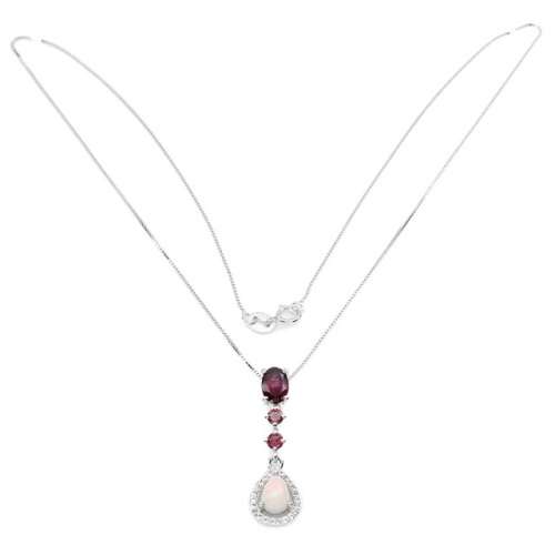 Natural Unheated Pink Opal and Rhodolite Garnet Solid .925 Sterling Silver Necklace