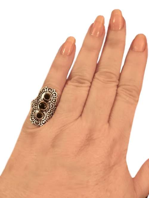 Natural Black Onyx Round Gemstones .925 Sterling Silver Plated Antique Style Ring Size US 7.5 / P