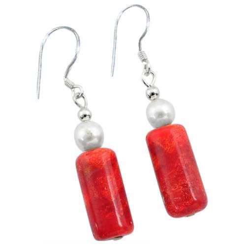 15.86 cts Natural Red Sponge Coral, White Pearl in Solid .925 Sterling Silver Earrings