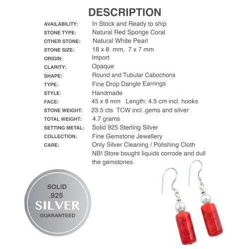 15.86 cts Natural Red Sponge Coral, White Pearl in Solid .925 Sterling Silver Earrings