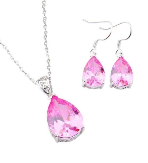Handmade Simulated Pink Topaz Pear Shape Silver Plated Elegant Necklace and Earrings Set